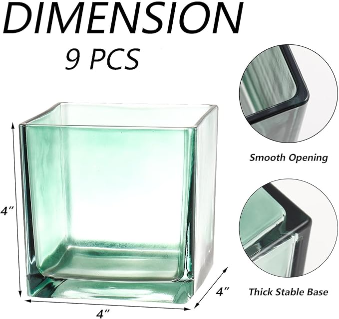 Square Glass Vases Set of 9, 4"x 4"x 4" Flower Vases for Centerpieces, Green Glass Vase for Flowers, Small Vase for Wedding, Party, Home Office Decoration