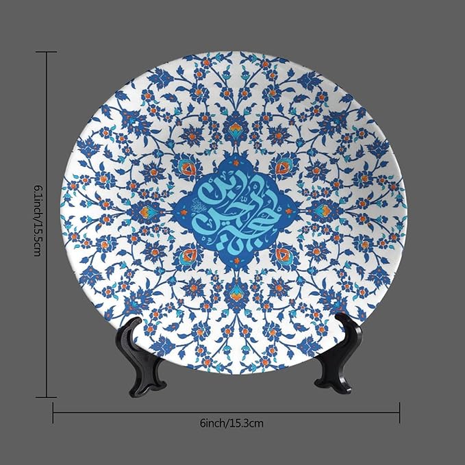 Turkish Decorative Plate Holder, 8 Inch, Blue Flowers Round Display Plate, Table Top Plate Decor with Stand, Ceramic Craft for Wall Hanging Decorative