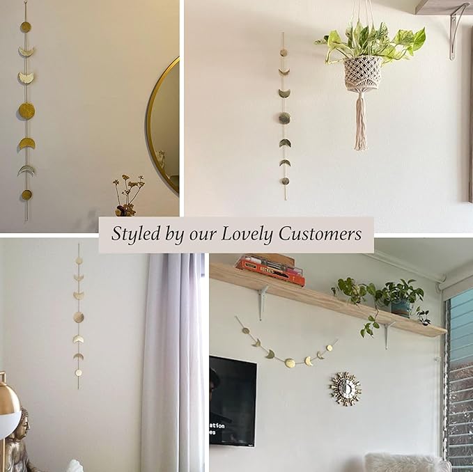 BASE ROOTS Moon Phase Wall Decor, Celestial Décor, Moon Décor & Boho Wall Décor, Gold Wall Art for Bedroom & Living Room, Bohemian Wall Decor, Handmade Hammered Metal 36" 7 Phases Moon Wall Decor, Gift for Women & Kids