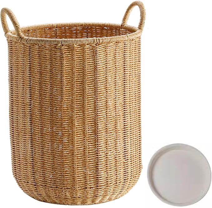 Entryway Tall Round Umbrella Stand with Chassis, Hand Made Imitation Rattan Umbrella Basket, Freestanding Umbrella Storage Basket for Home Office Hallway(28x45.5cm(11x17.9in), Coffee)