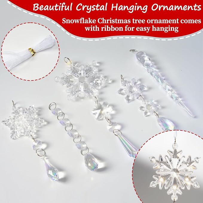 20pcs Christmas Ornaments Christmas Tree Decorations Hanging Acrylic Snowflake Icicle Crystal Ornaments with Drop Pendarts for Christmas Decorations Indoor Xmas Tree Winter New Year Party Supplies