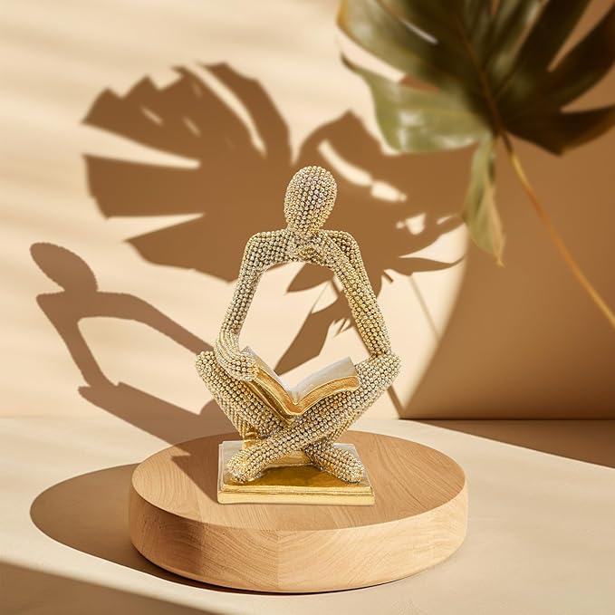 Sparkling Gold Reading Women Statue, Thinker Sculptures, Abstract Art Ornament, Modern Aesthetic Figurine Decoration for Home Living Room Bedroom Office Shelf Table Desk Bookshelf Decor