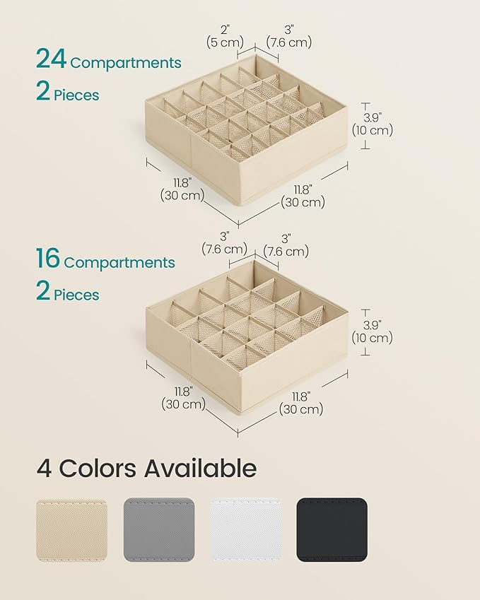 SONGMICS Set of 4 Drawer Organizers, Closet Organizers for Underwear, 80 Cells, Foldable Sock Holders, 11.8 x 11.8 x 3.9 Inches, for Storing Socks, Ties, Belts, Sand Beige URUS011K01