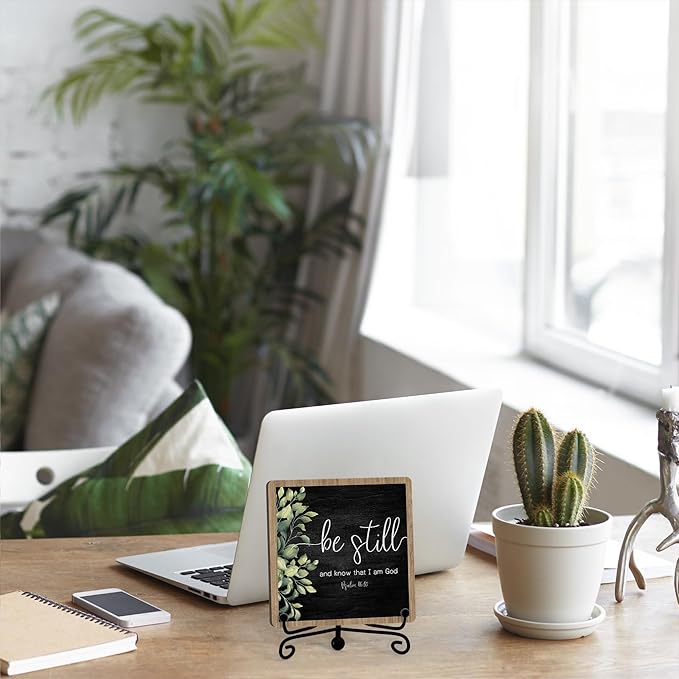 Inspirational Christian Desk Decor, Be Still And Know That I Am God Sign, Desk Decorations For Office Home Living Room Bathroom, Eucalyptus Shelf Decor, Wooden Plaque With Stand (02)
