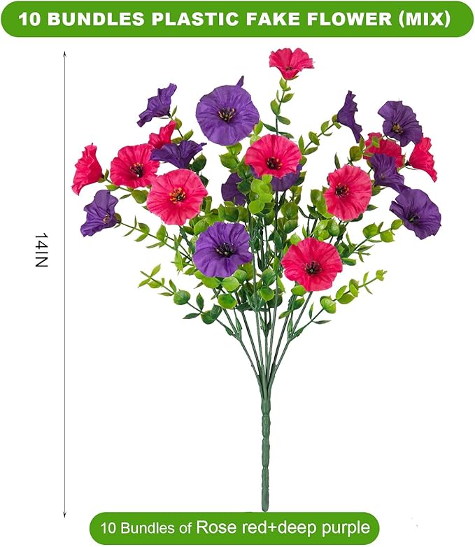 12 Bundles Morning Glory Artificial Flowers for Outdoor Decoration UV Resistant Fake Plastic Plants Artificial Greenery for Indoor Outdoor Garden Patio Window Box Home Decor