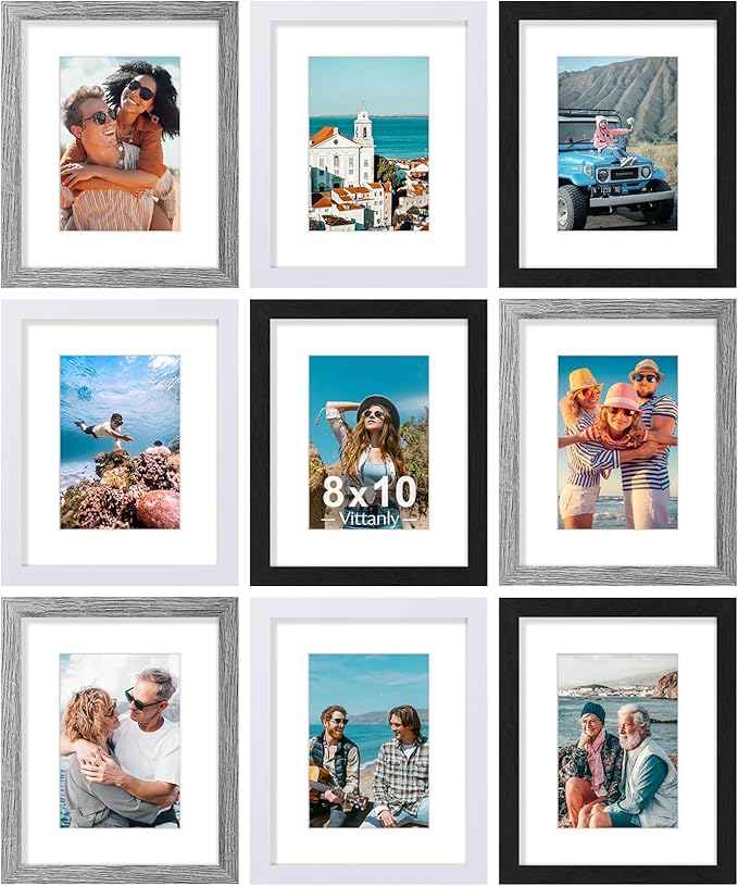 Vittanly 8x10 Picture Frames Set of 9, Display 5x7 Pictures with Mat or 8x10 without Mat, Photo Frames for Wall or Tabletop with Plexiglass, Engineered Wood, Black&Grey&White