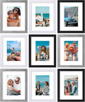 Vittanly 8x10 Picture Frames Set of 9, Display 5x7 Pictures with Mat or 8x10 without Mat, Photo Frames for Wall or Tabletop with Plexiglass, Engineered Wood, Black&Grey&White