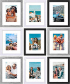 Vittanly 8x10 Picture Frames Set of 9, Display 5x7 Pictures with Mat or 8x10 without Mat, Photo Frames for Wall or Tabletop with Plexiglass, Engineered Wood, Black&Grey&White