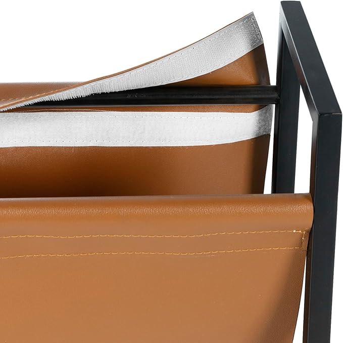 MyGift 15 Inch Modern Caramel Leatherette Magazine Holder with Rectangular Black Metal Frame, Floor Standing Faux Leather Book Storage Newspaper Rack, Home Bathroom Decor