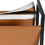 MyGift 15 Inch Modern Caramel Leatherette Magazine Holder with Rectangular Black Metal Frame, Floor Standing Faux Leather Book Storage Newspaper Rack, Home Bathroom Decor