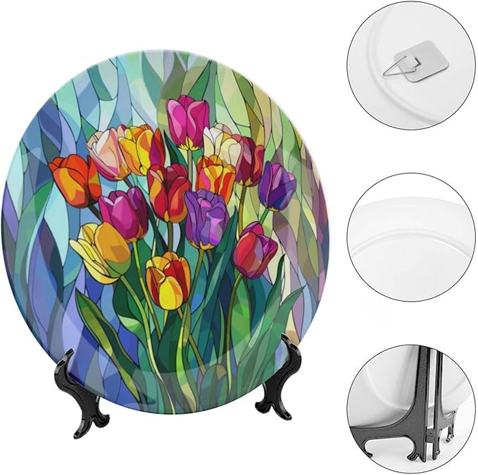 Stained Glass Theme Decorative Ceramic Plate Round Porcelain Plate,8 inch,Tulip Pattern,for Decorative Ornaments Giving Plates, 1 Plate with 1 Display Stand,Multicolor