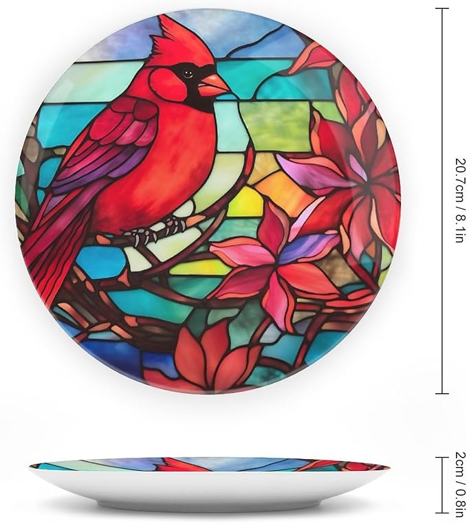Decorative Plates, Cardinal Bird Stained Glass Design Ceramic Dinner Plate Home Wobble-Plate with Display Stand, Wall Hanging Decor for Dining Room Kitchen Household 8 Inch, Gifts for Loss of Loved