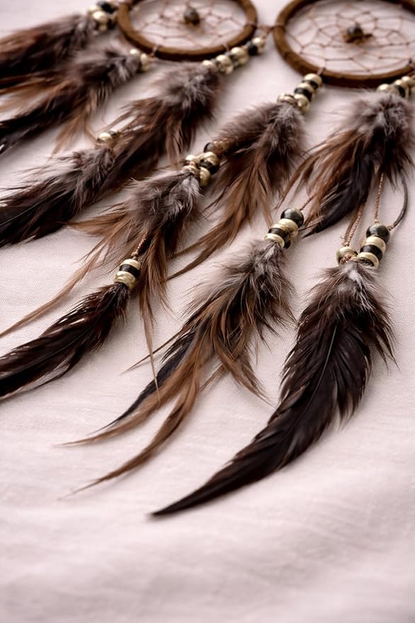 OMA Dream Catcher Wall Hanging with Tiger Eye Stones and Feathers, Brown Suede Traditional Dream Catcher Boho Home Decor Bedroom Decoration Gift Large Size - 28" Long x 9" Diameter