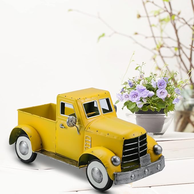 Vintage Farmhouse Yellow Fall Truck Decor, Rustic Metal Car Trucks Decors, Indoor Kitchen Storage Decorations, Outdoor Farm Pick-up Collectible Sunflower Pumpkin Vehicles