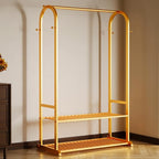 Gold clothing rack with bottom Storage shelves and 6 side hooks,Sturdy metal clothes rack for Hanging Clothes,Modern garment rack Wardrobe Rack for Bedroom or Boutique