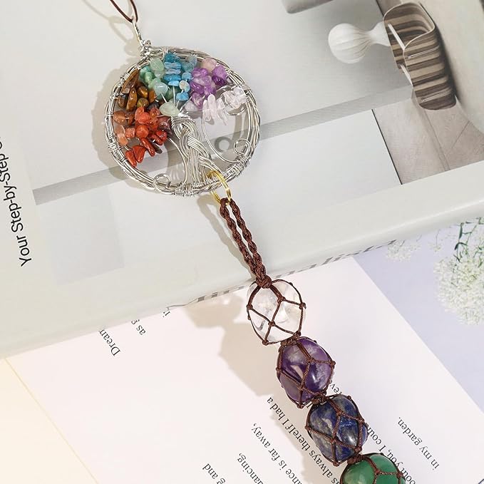 Handmade Crystal Window Car Hanging Ornaments 7 Chakra Home Decoration Feng Shui Ornament Yoga Meditation Car Decoration Tumbled Palm Stones (Style13)