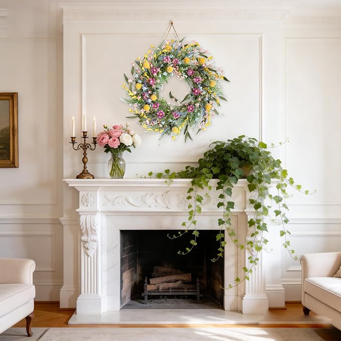 22" Spring Summer Wreath for Front Door - Colorful Wildflower Wreath with Lavender & Forsythia, Everyday Floral Wreaths for Front Door Outside, Spring Door Wreath for Indoor Home Decor