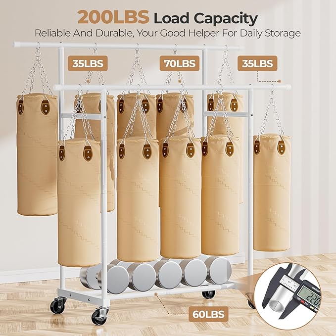 Abiglifty Double Rods Clothes Rack for Hanging Clothes, Clothing Rack with Wheels, Portable Closet Organizer for Laundry, Room (White)