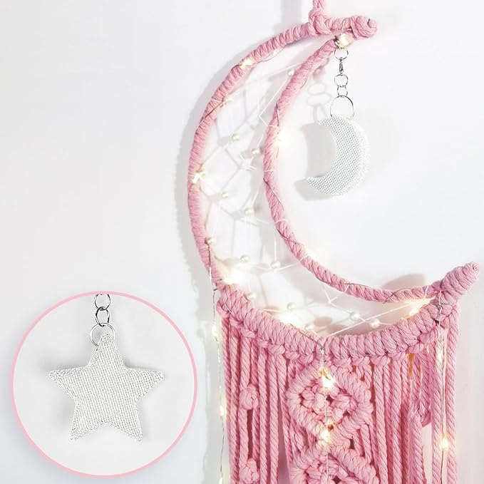 ANORYE Boho Macrame Woven Wall Hanging for Girl, Crochet Crescent Moon Star Dream Catcher with Light, Pink Cotton Handmade Bohemian Home Decor Decoration for Kids Nursery Bedroom Dorm Room