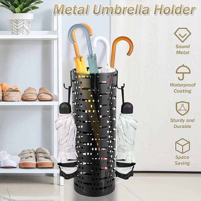 Umbrella Stand Rack, Free Standing Round Metal Umbrella Holder, Walking Sticks Umbrella Bins Waterproof Umbrella Storage Rack 16.5 x 6 inch Hollow Umbrella Storage Bucket for Indoor Home Office