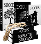 Menkxi 6 Motivational Decorative Books with Wood Bead Tassel Garland - Modern Faux Books for Office Desk, Bookshelf & Coffee Table Decor - Inspirational Aesthetic Black & White Fake Book Box Set