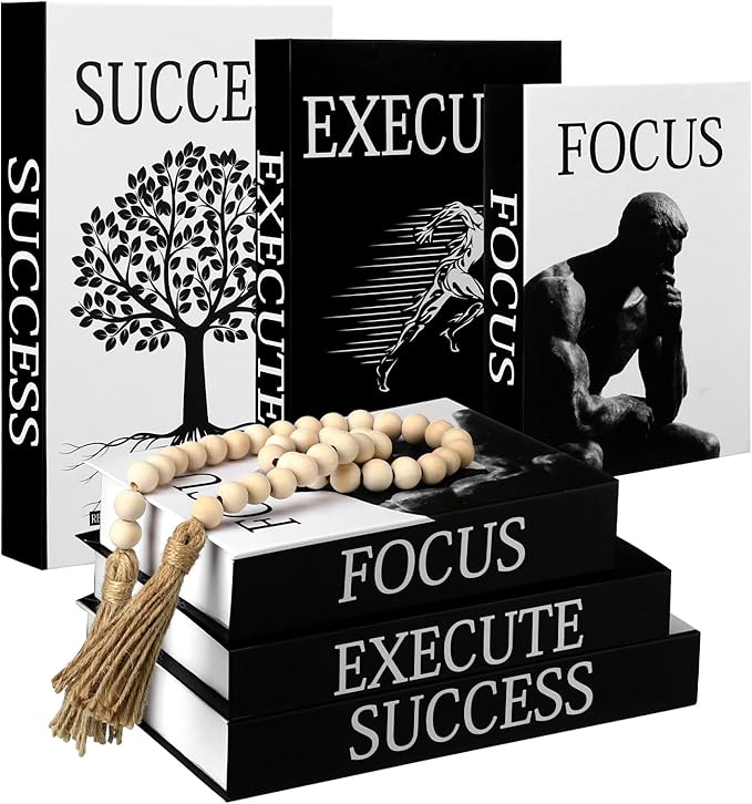 Menkxi 6 Motivational Decorative Books with Wood Bead Tassel Garland - Modern Faux Books for Office Desk, Bookshelf & Coffee Table Decor - Inspirational Aesthetic Black & White Fake Book Box Set