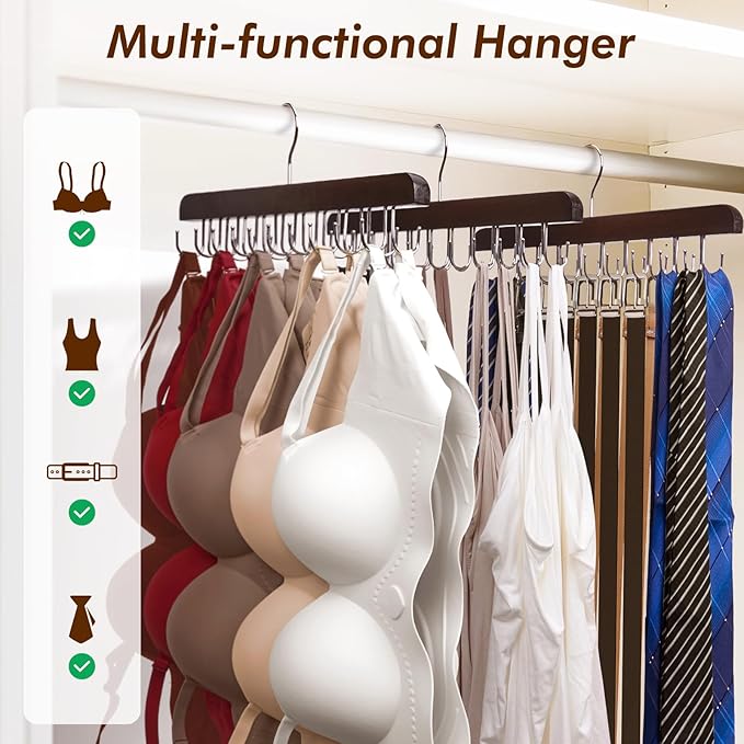 HOUSE DAY Belt Hanger for Closet 1 Pack, 20 Hooks Bra/Tie/Tank Top Hanger, Space Saving Hangers Storage Max 20 Belts/Ties, Sturdy Wooden Belt Rack Closet Accessories