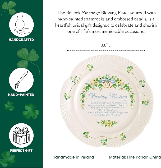 Belleek Classic Marriage Blessing 8.8-Inch Decorative Plate, Handcrafted Parian China Shamrock Irish Decor, White
