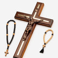 Woodvio Handmade Wooden Wall Cross with Metal Jesus Corpus, Traditional Catholic Crucifix for Wall, Christian Religious Gift with 2 Wooden Rosaries