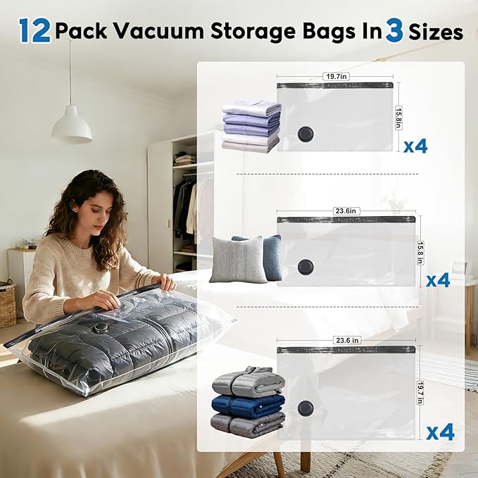 Mapambo Travel Vacuum Bags with -60000Pa LED Electric Pump, 12 Pack Vacuum Seal Bags for Clothing Travel in 3 Combo sizes, Space Saver Vacuum Storage Bags, Saving up to 80% of Space (12 Combo Size)