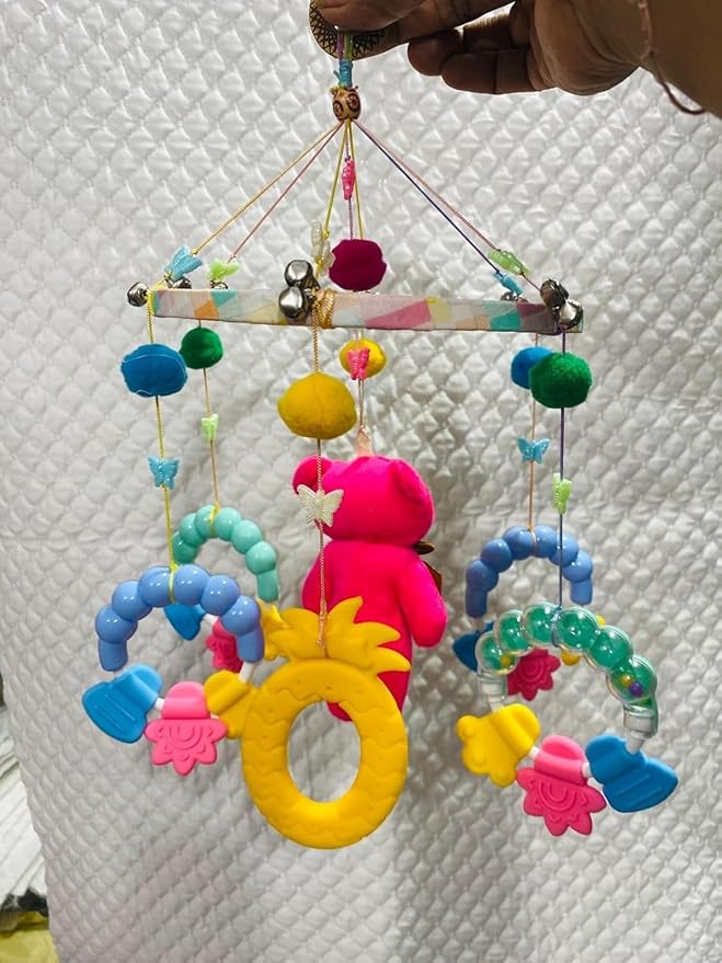 Colorful Hanging Mobile Decor with Soft Teddy, Rattles & Teething Rings – Decorative Hanging Ornament