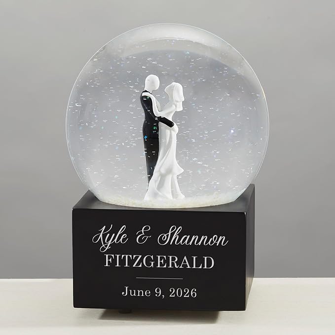 Personalization Universe Personalized Wedding Couple Musical Snow Globe - Engraved Names & Message, Plays Wedding March Music, Ideal Wedding Gift, Tabletop Decor, Custom Keepsake, Anniversary