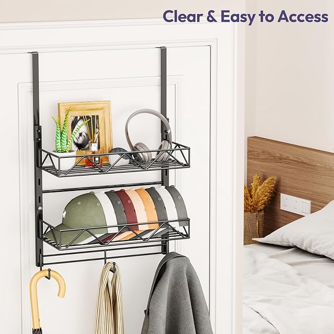SWTYMIKI Over Door Hat Organizer - 3 Tier Wall Mounted Hat Rack with 2 Adjustable Metal Basket and 3 Hooks, Hanging Baseball Cap Organizer Storage Holds up to 29 Caps for Door, Bedroom, Closet