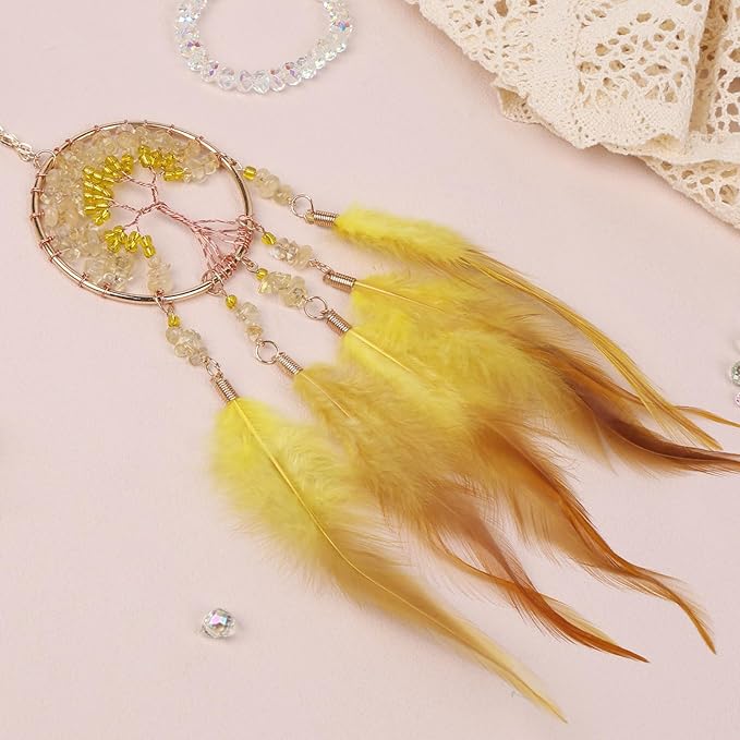 Pretty Jolly Small Tree of Life Crystal Stone Dream Catchers Yellow Feathers Mini Dreamcatchers for Cars Rear View Mirror Hanging Decoration Good Luck Travel Charm Bedroom Ornaments for Women Girls