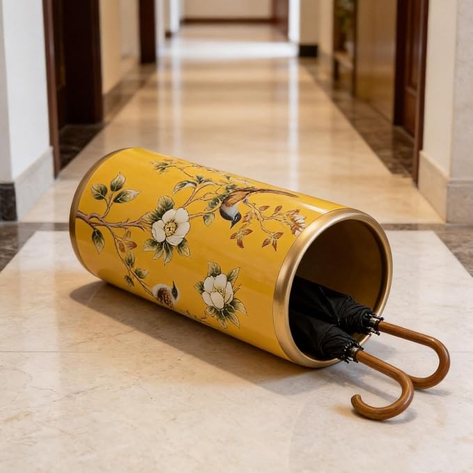 White, Ceramic Umbrella Stand, Household Entryway Umbrella Holder, Hand-Painted Patterns, Wide Mouth, Floor-Standing Ornamental Vase, Freestanding Walking Stick