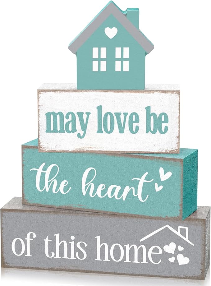 Cinnvoice 4 Pcs Farmhouse Tabletop Decor Rustic Family Blessed Home Table Centerpiece This Is Us Sign for Kitchen Shelf Desk Fireplace Mantel Tiered Tray Decor(May Love Be the Heart of This Home)