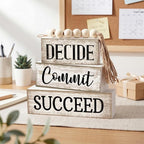 4 Pcs Inspirational Farmhouse Table Decor Rustic Motivational Wooden Stacked Block Decor,Decide Commit Succee Sign with Wood Bead Tassel, Inspirational Tiered Tray Decoration for Home
