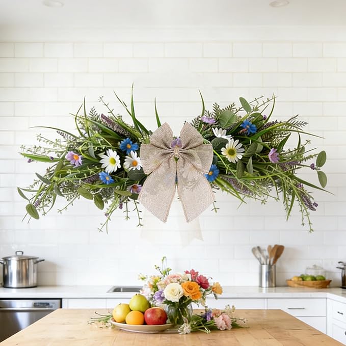 24'' Spring Wreaths for Front Door Summer Floral Swag Blue Spring Door Wreath with Wildflower Lanvender for Wall Porch Indoors Outdoor Window Home Decorations