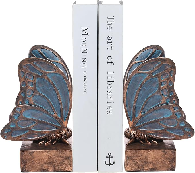 Vintage Blue Butterfly Bookends,Resin Book Ends for Shelves,Heavy Duty Decorative Bookends,Creative Book Stopper Holder Decor for Desk Home Office,Shelf Decoration,Gifts for Mother's Day