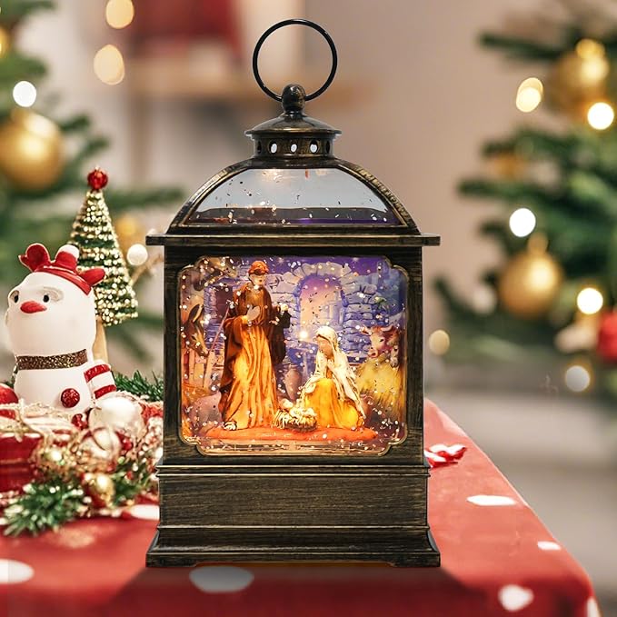 Christmas Snow Globe Lantern with Nativity Music Songs & 6H Timer Water Snow Globe Lantern USB & Battery Operated for Christmas Festival Decorations Gifts (Nativity)