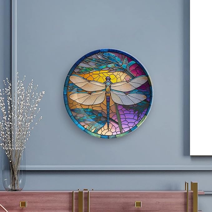 Decorative Plates for Wall Hanging, Stained Glass Window Design w/Dragonfly Ceramic Plate, Wobble-Plate with Display Stand, Home Decor for Kitchen Cabinets, Farmhouse Round Tray 7 Inch