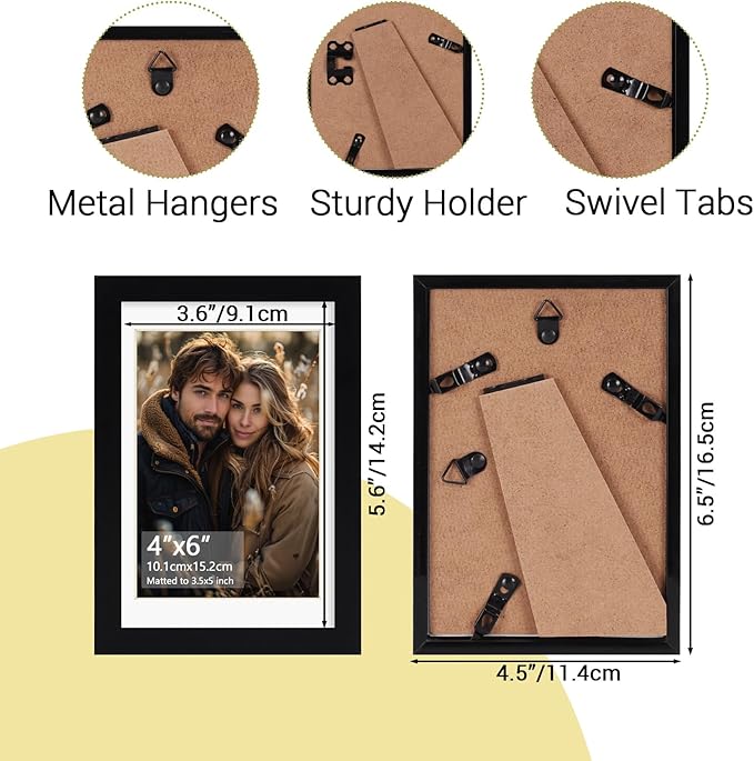 Rempry 4x6 Picture Frame, Display Pictures 3.5x5 with Mat or 4x6 Without Mat, Wall Hanging or Tabletop Photo Frame with Shatter Resistant Plexiglass, Black, 1 Pack