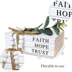 3 Pieces Wooden Decorative White Books, Rustic Farmhouse Faux Books for Coffee Table Shelves with Wood Bead Tassels and Leaves, 7'x 4.6'x 2.5' (Faith, Hope, Trust)