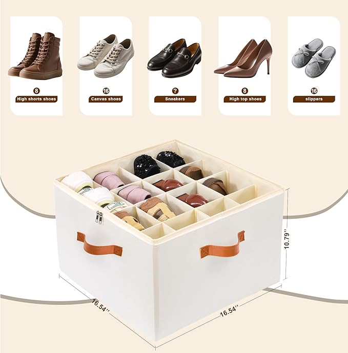 Shoe Organizer for Closet, Shoe Storage Boxes Fits up to 16 Pairs, Foldable Shoe Containers Bins Baskets with Adjustable Dividers and Clear Cover White