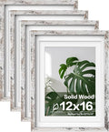 Egofine 12x16 Picture Frames Set of 4, Made of Solid Wood Covered by Plexiglass 9x12 and 11x14 with Mat or 12x16 without Mat, for Wall Mounting Photo Frame Rustic White