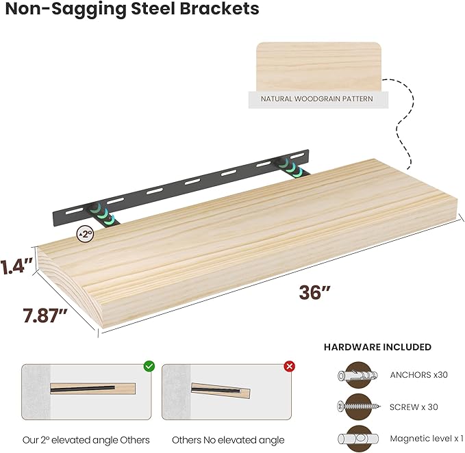 Vivelove Natural Wood Floating Shelves 36”，8 inch Deep Floating Shelf with Invisible Brackets, Unfinished Wall Shelves for Living Room, Bathroom, Kitchen, Bedroom, Home Decor, Set of 2 - Natural