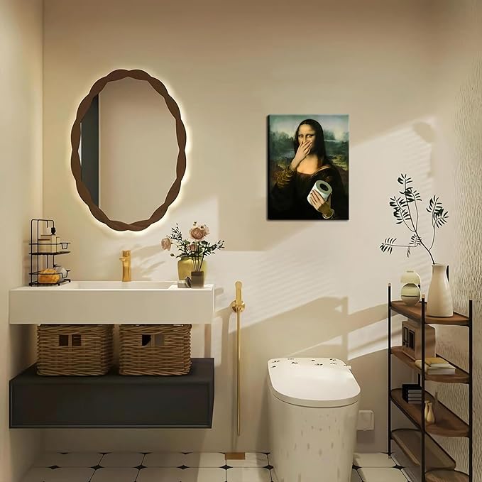 Funny Mona Lisa Canvas Wall Art for Bathroom Decor, Vintage Humor Amusing Toilet Art, Mona Lisa Classical Painting Picture, Whimsical Poster Print Bathroom Wall Decor for Home Decoration 12x16 inch