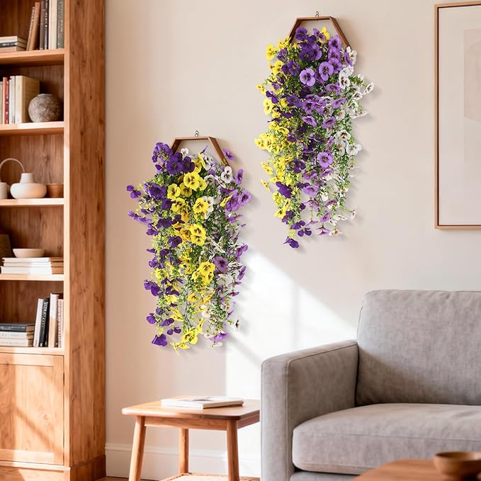 Fake Artificial Flowers for Outdoors, 4 Pcs Faux Hanging Pansy Flowers Spring Summer Decor, UV Resistant Fake Plants Silk Flower for Planter Front Door Porch Patio Yard Garden(Purple Yellow White)