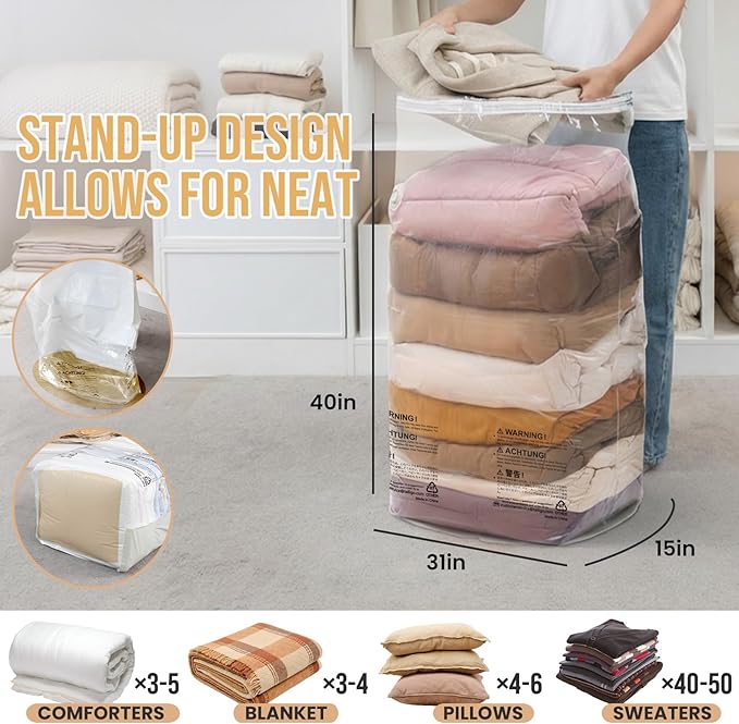 TAILI 10 Pack Vacuum Storage Bags, Space Saver Bags, Jumbo Cube 31x40x15 Inch, Extra Large Vacuum Sealed Bags for Comforters, Blankets, Bedding, Clothes, Closet Organization Space Saving, Clear