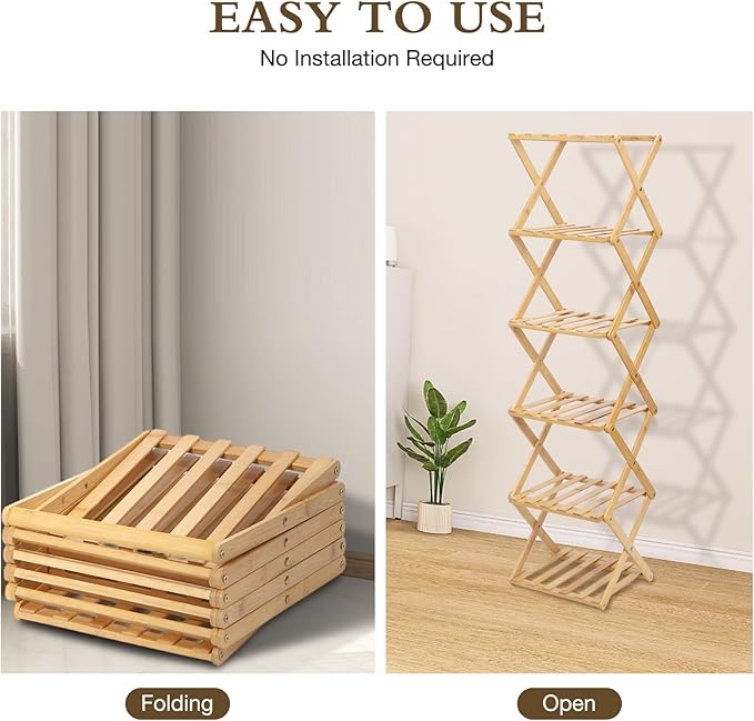 Bamboo Shoe Rack 6 Tier Foldable Shoe Rack Narrow Vertical Shoe Organizer Free Standing Shelf, Multifunctional Slim Storage for Entryway, Corner, Bedroom, Hallway, Wood Color